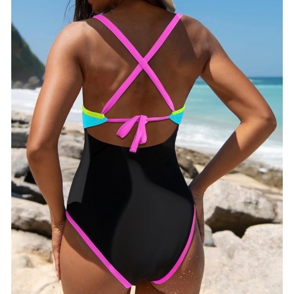 NWT popvil Neon Color Block One Piece Swimsuit Tummy Control Deep V Large - Picture 3 of 7